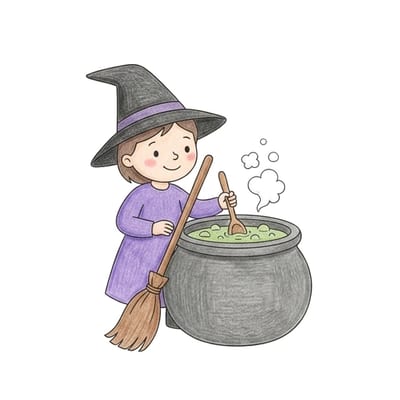 Witch Stirring Cauldron, colored example