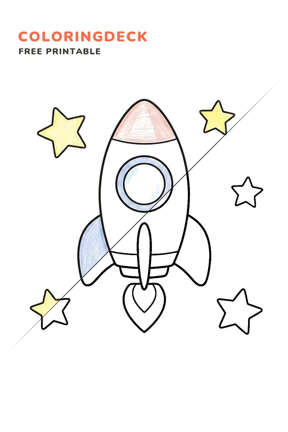 Rocket Among Stars coloring page, free printable: half colored, half outline