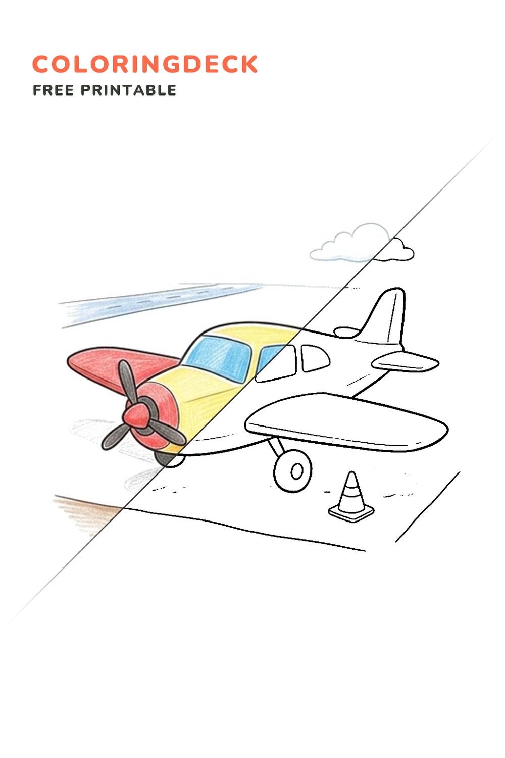 Airplane Parking Spot coloring page, free printable: half colored, half outline