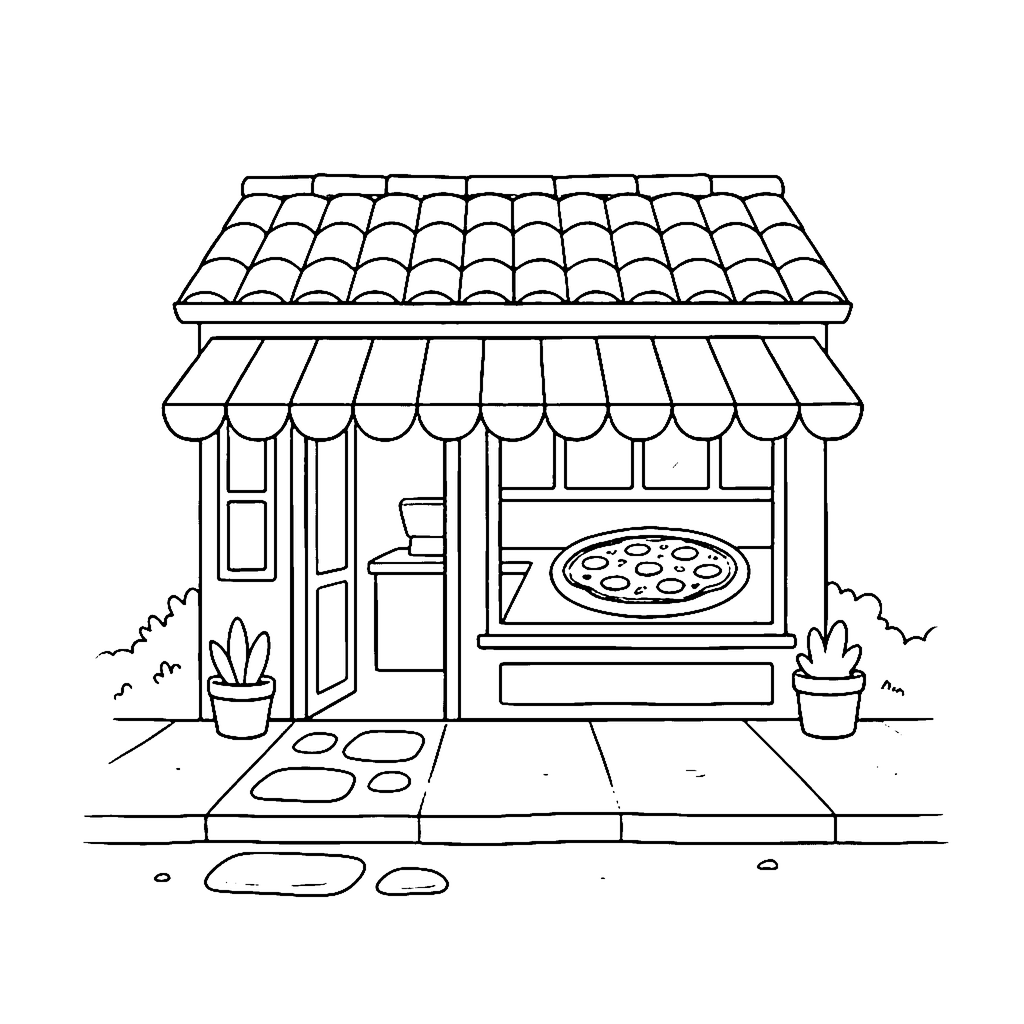 Pizzeria coloring page: Pizzeria Window, outline to print