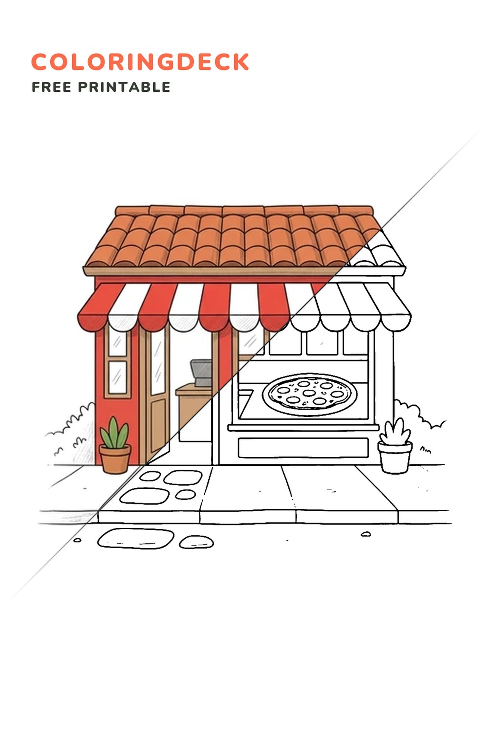 Pizzeria Window coloring page, free printable: half colored, half outline