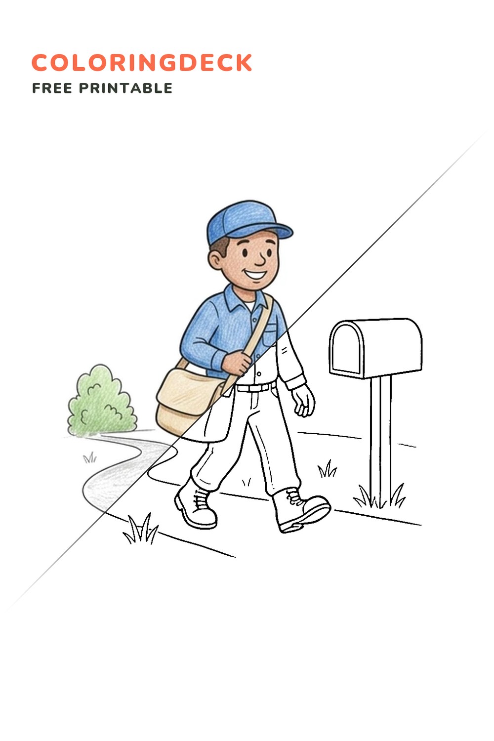 Mail Carrier Delivery coloring page, free printable: half colored, half outline