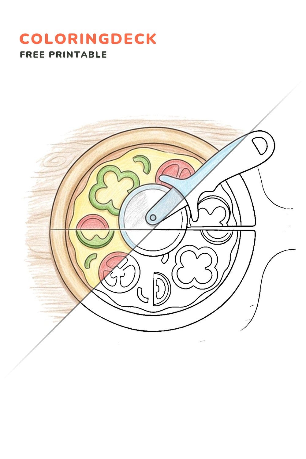 Pizza Cutting Wheel coloring page, free printable: half colored, half outline