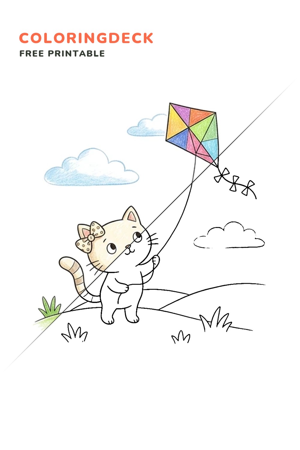 Bow Kitten Kite coloring page, free printable: half colored, half outline