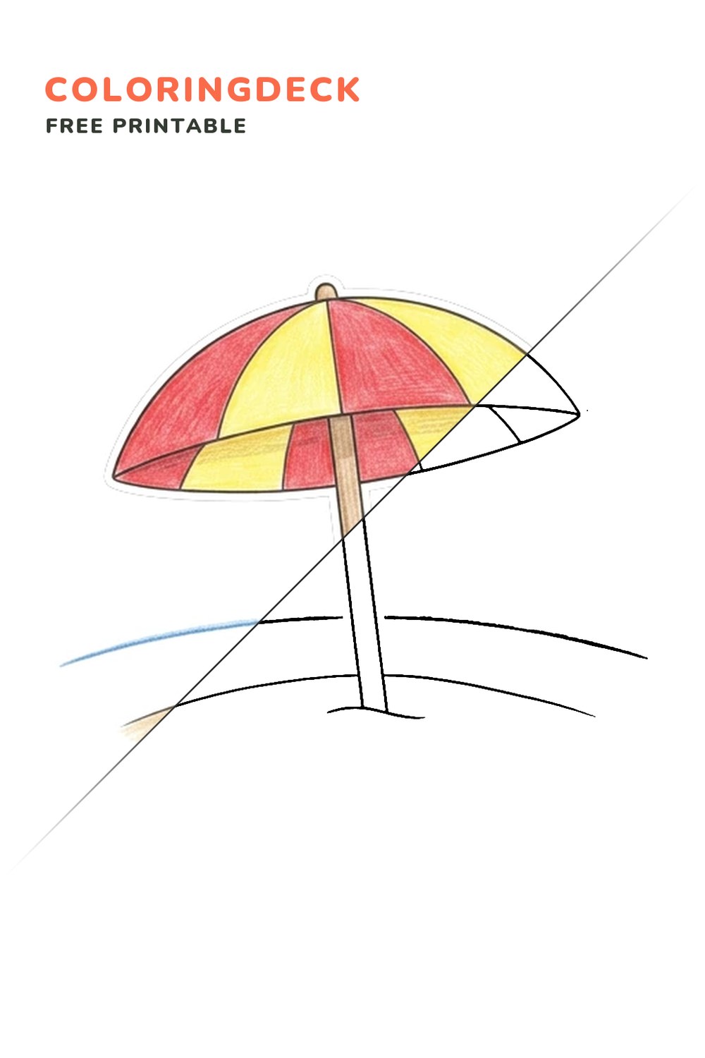 Beach Umbrella Rest coloring page, free printable: half colored, half outline