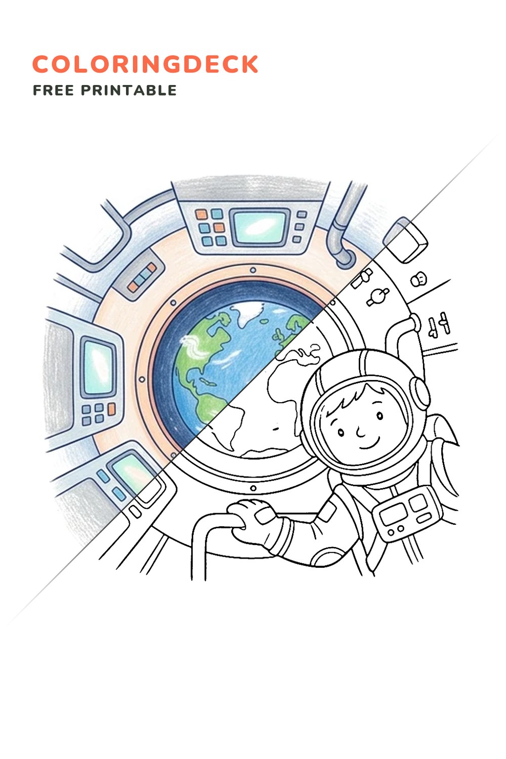 Space Station Window coloring page, free printable: half colored, half outline