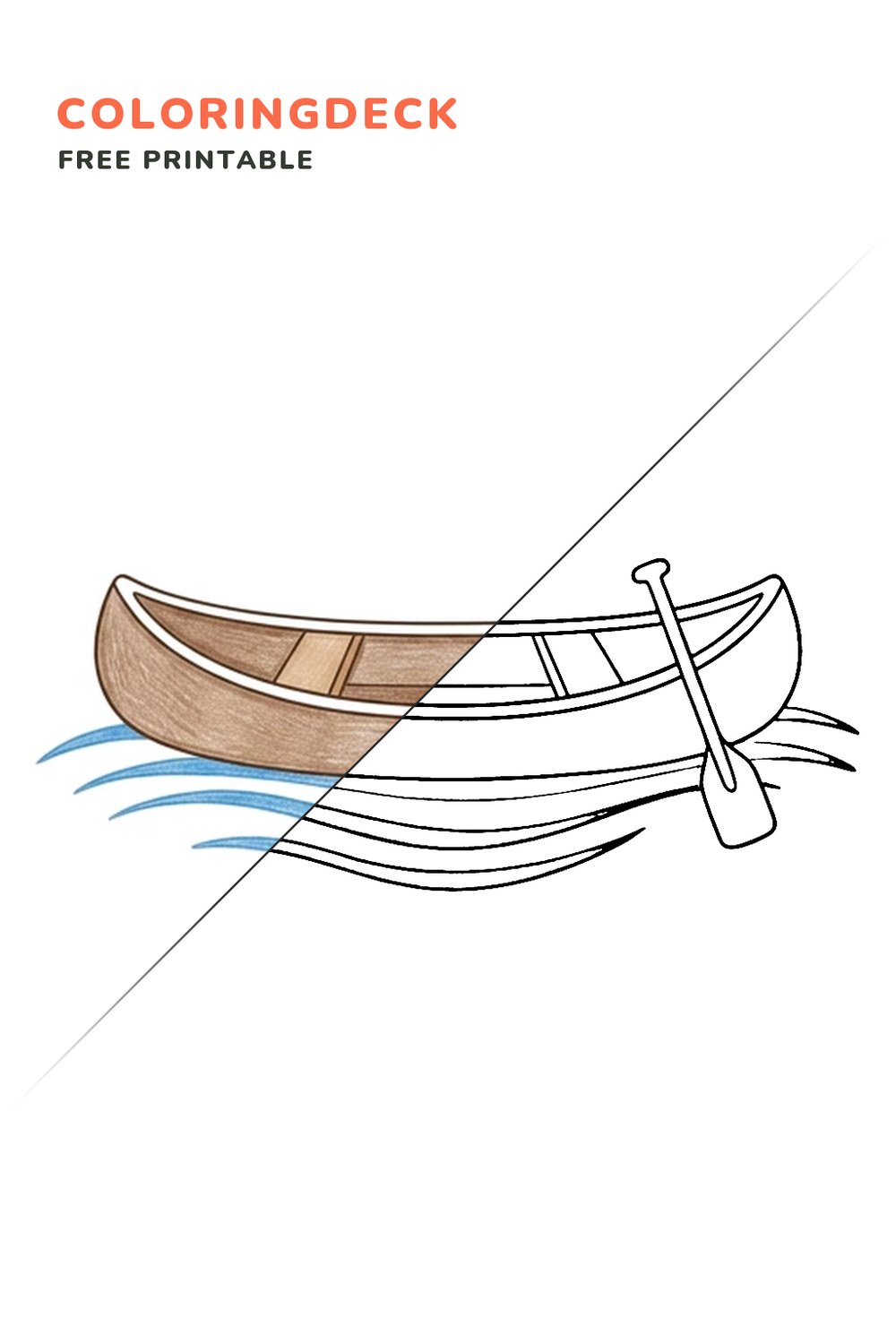 Little Canoe coloring page, free printable: half colored, half outline