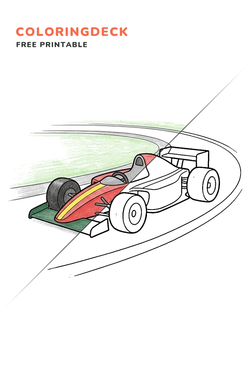 F1 Track Curve coloring page, free printable: half colored, half outline