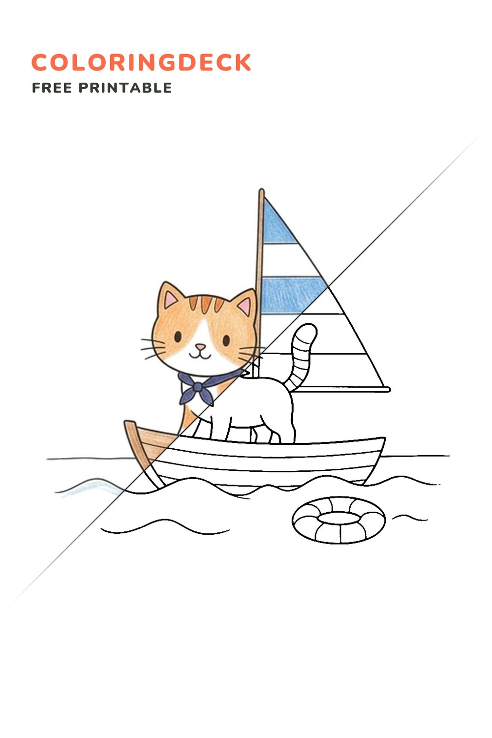 Bow Kitten Sailor coloring page, free printable: half colored, half outline