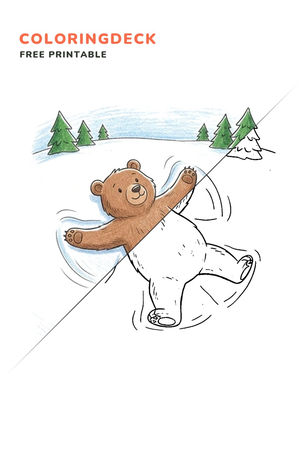 Bear Snow Angel coloring page, free printable: half colored, half outline