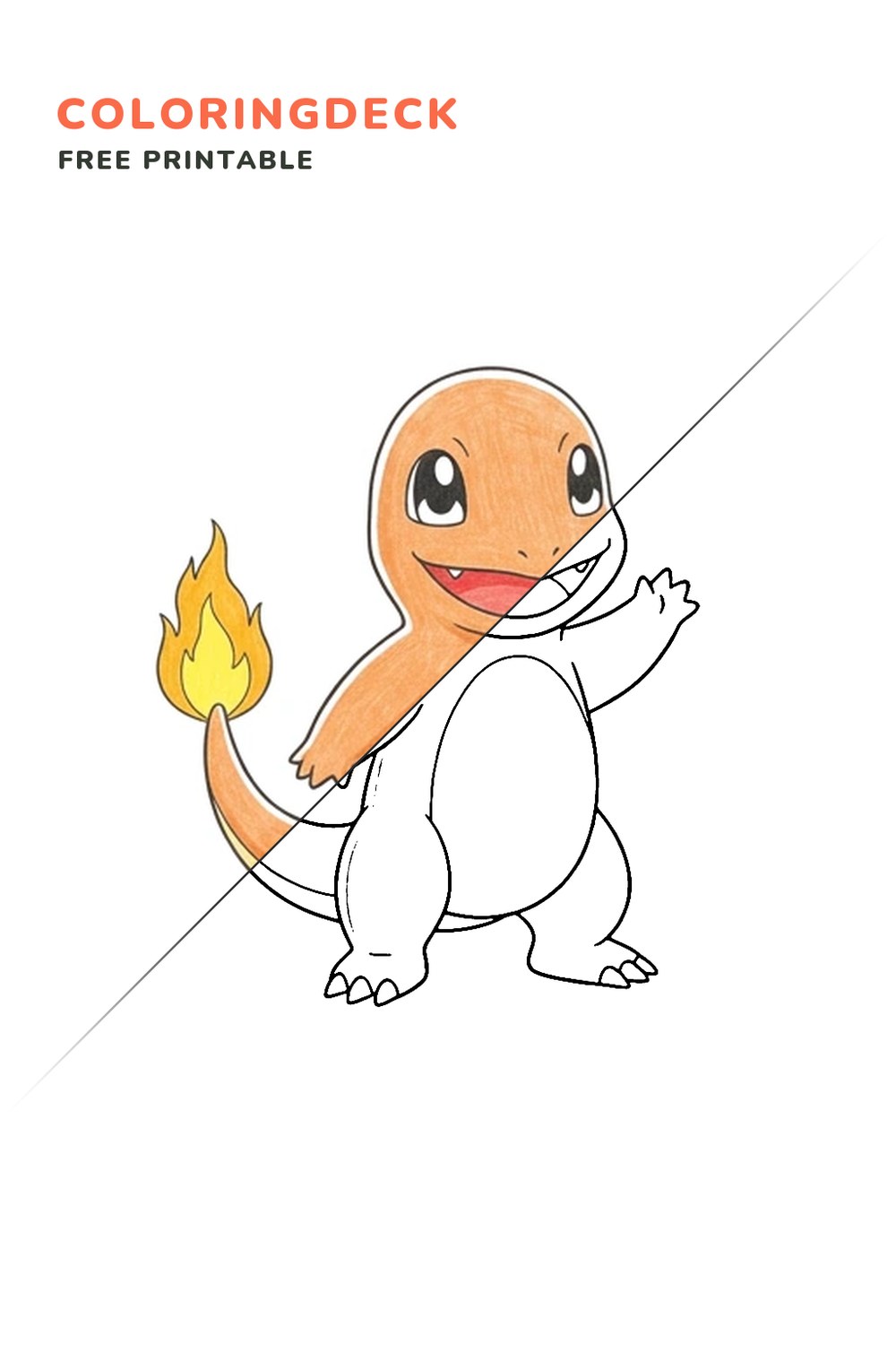 Charmander Tail Flame coloring page, free printable: half colored, half outline