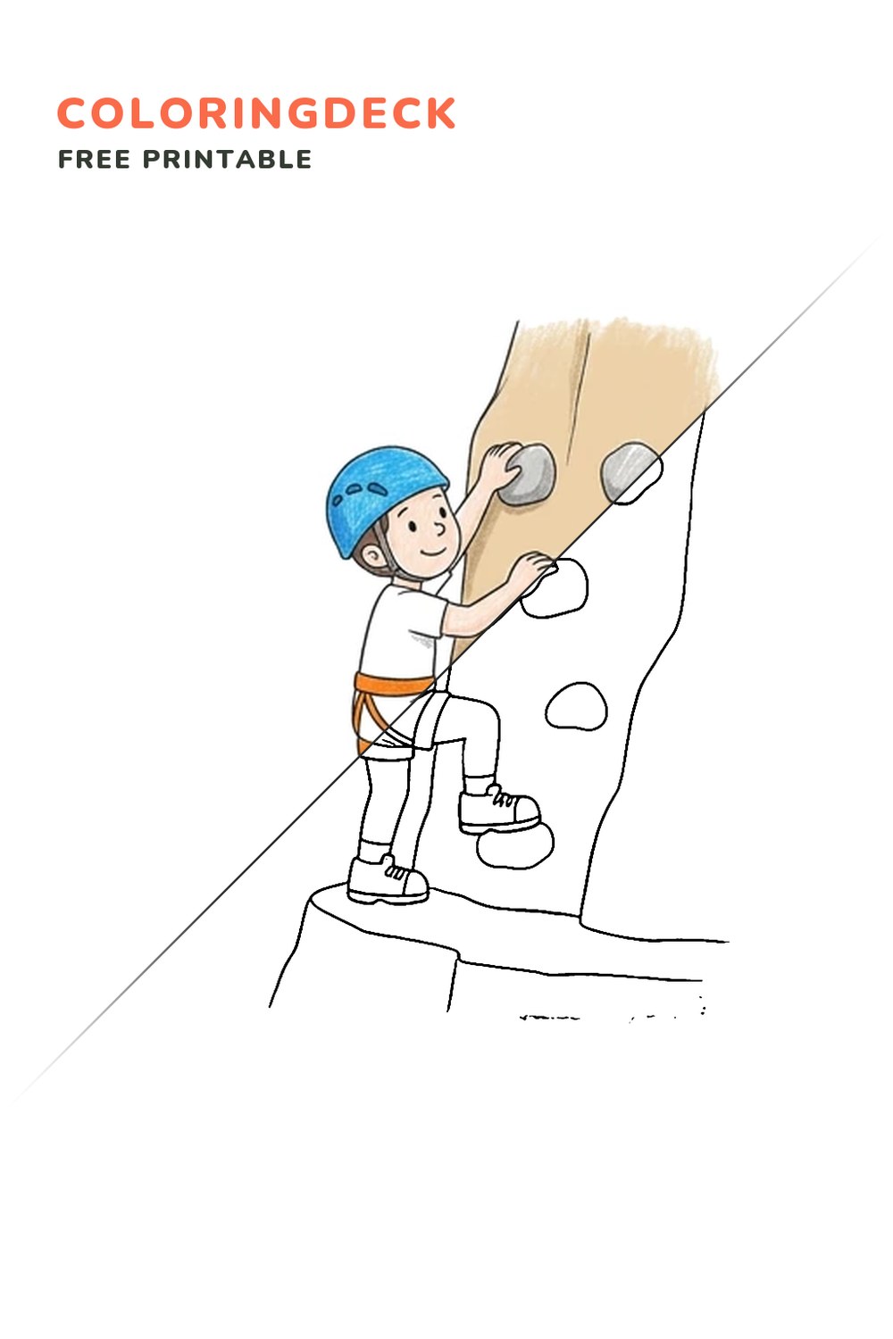 Rock Face Climber coloring page, free printable: half colored, half outline