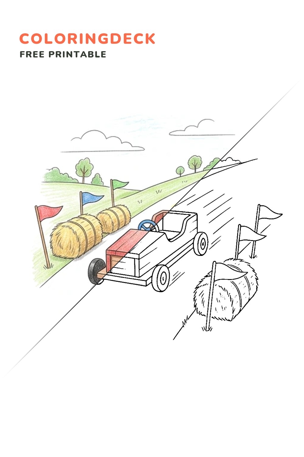 Soapbox Derby Roll coloring page, free printable: half colored, half outline
