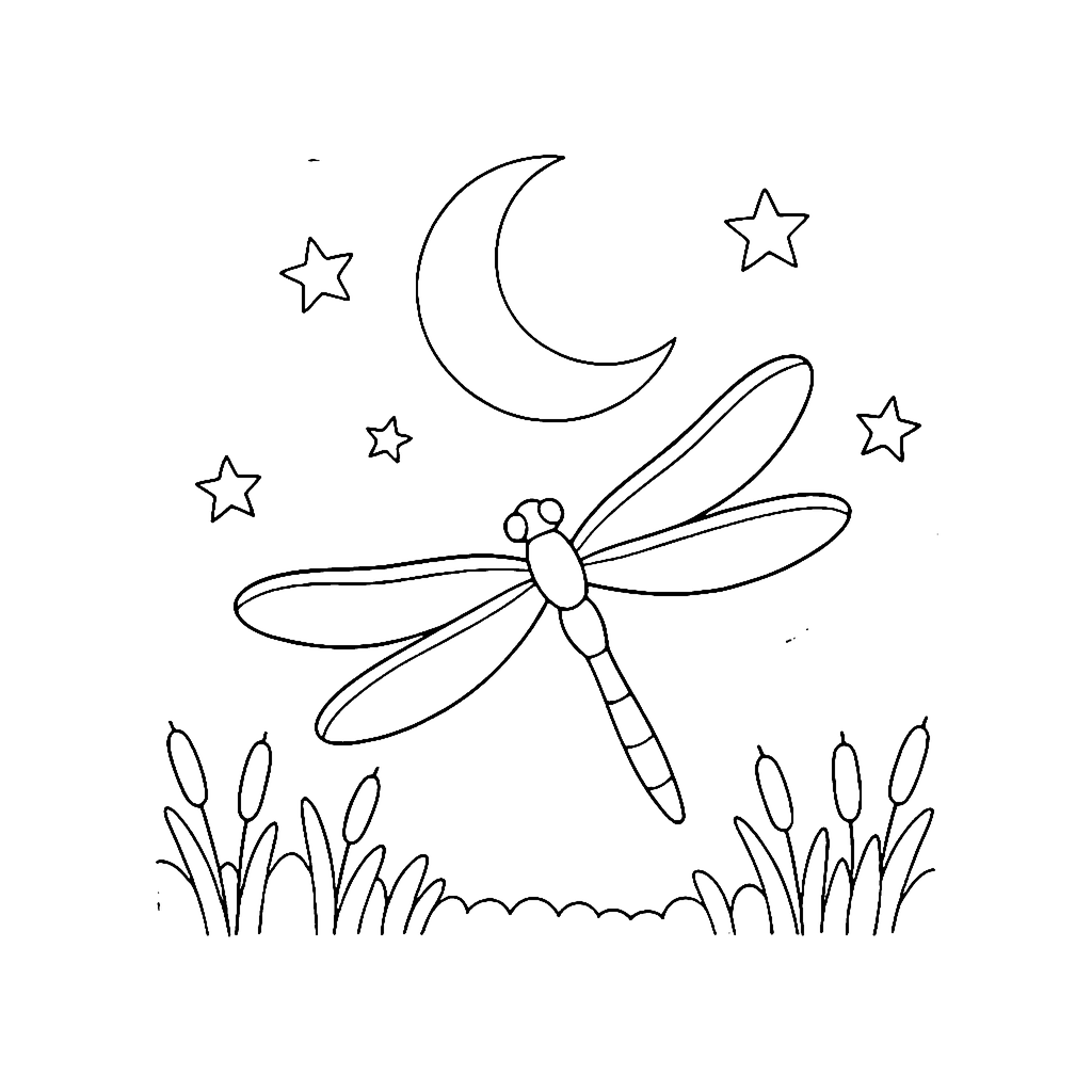 Dragonfly coloring page: Dragonfly Moon Flight, outline to print