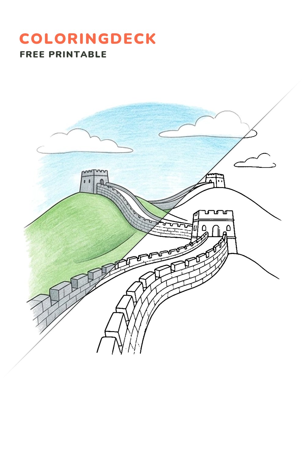 Great Wall Trail coloring page, free printable: half colored, half outline