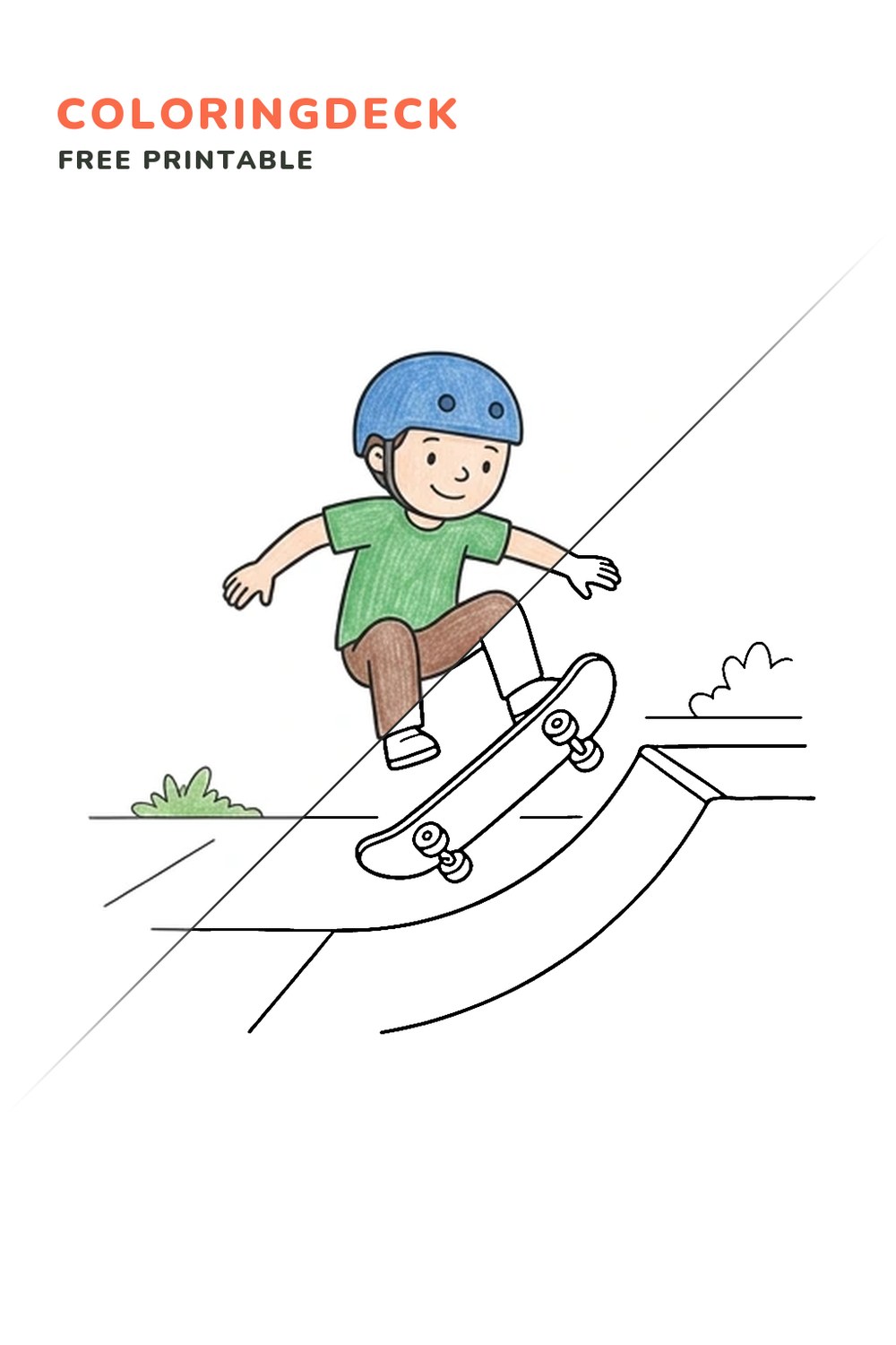 Skateboard Ramp Trick coloring page, free printable: half colored, half outline