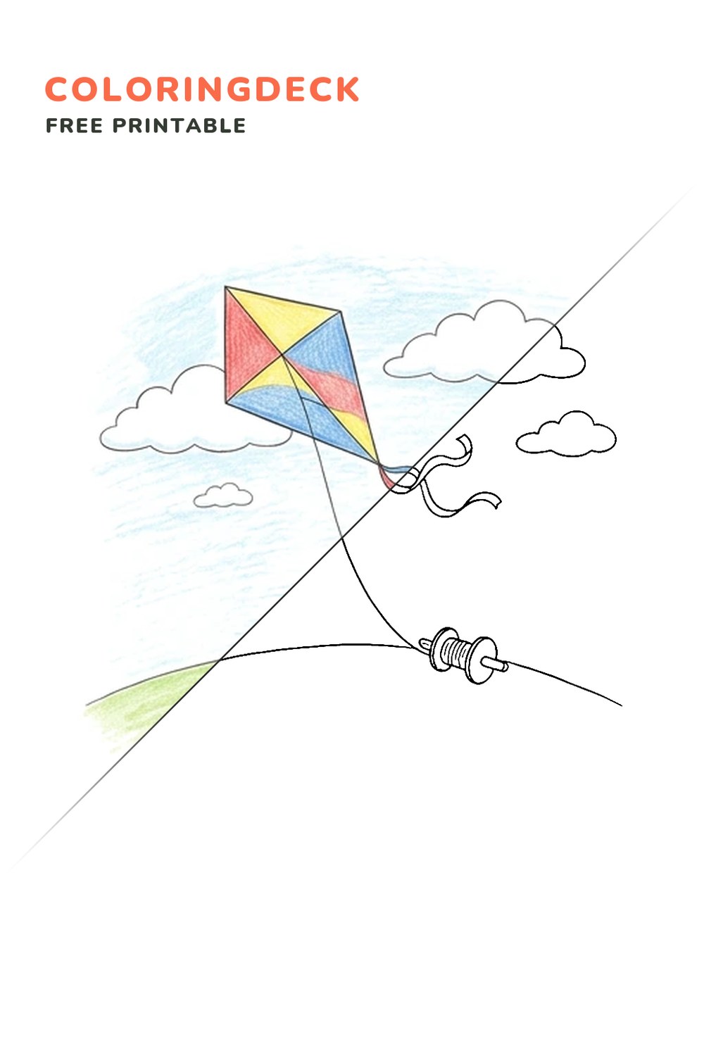 Kite Wind Dance coloring page, free printable: half colored, half outline