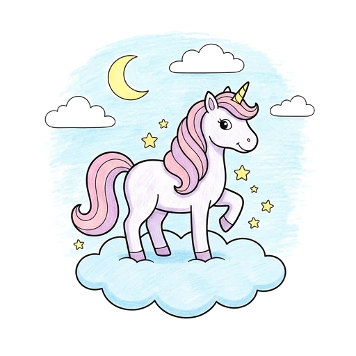 Unicorn coloring page: Unicorn Cloud Parade, colored example
