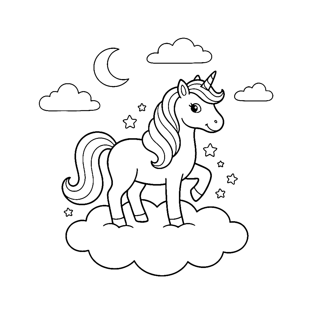 Unicorn coloring page: Unicorn Cloud Parade, outline to print