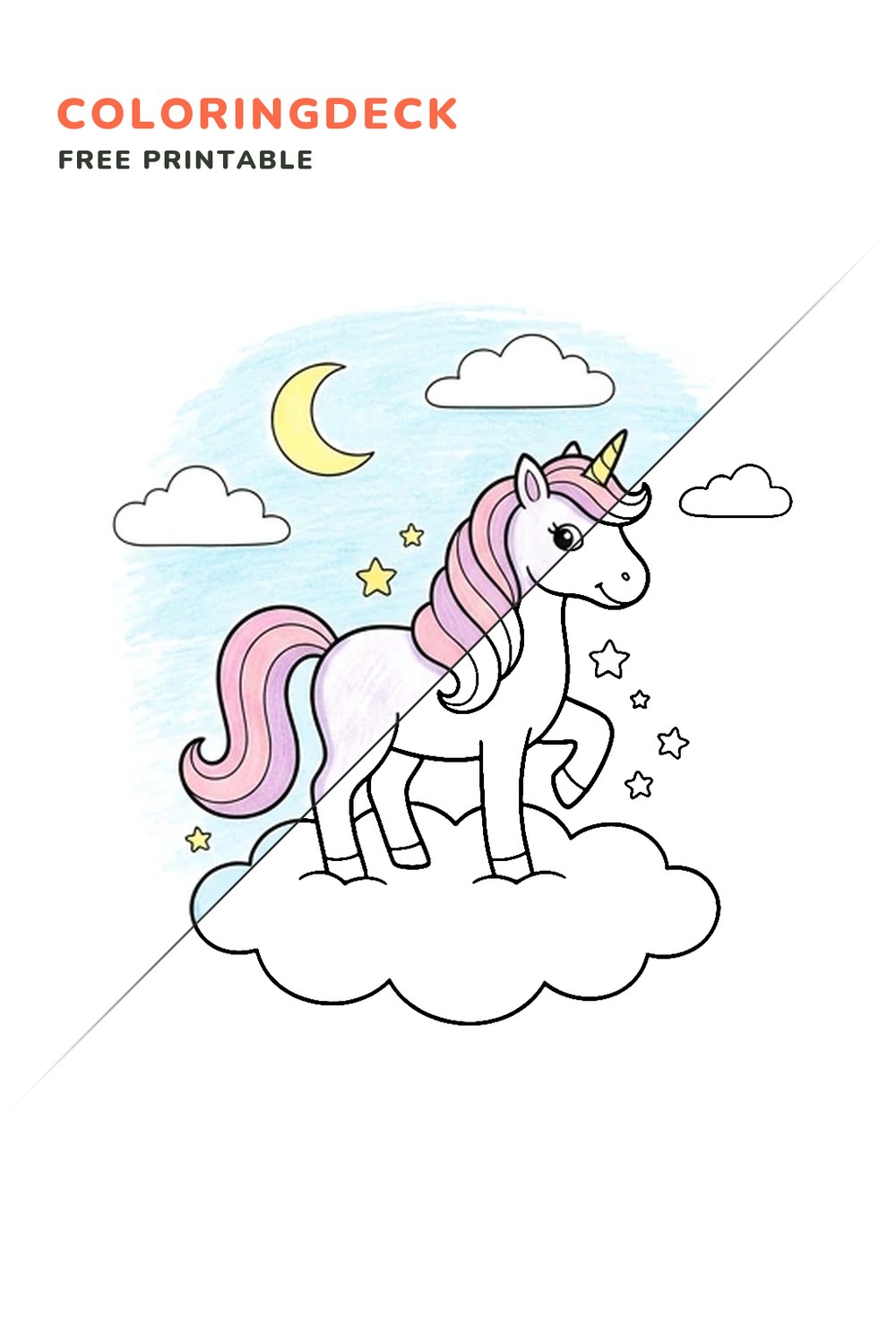 Unicorn Cloud Parade coloring page, free printable: half colored, half outline