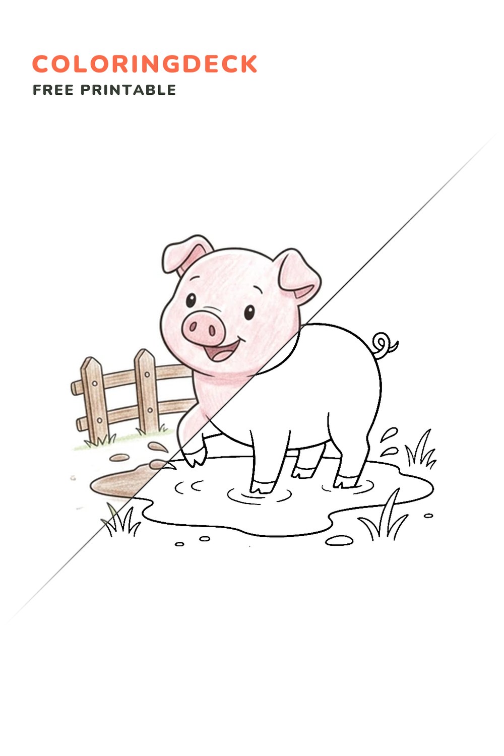 Pig Mud Puddle coloring page, free printable: half colored, half outline