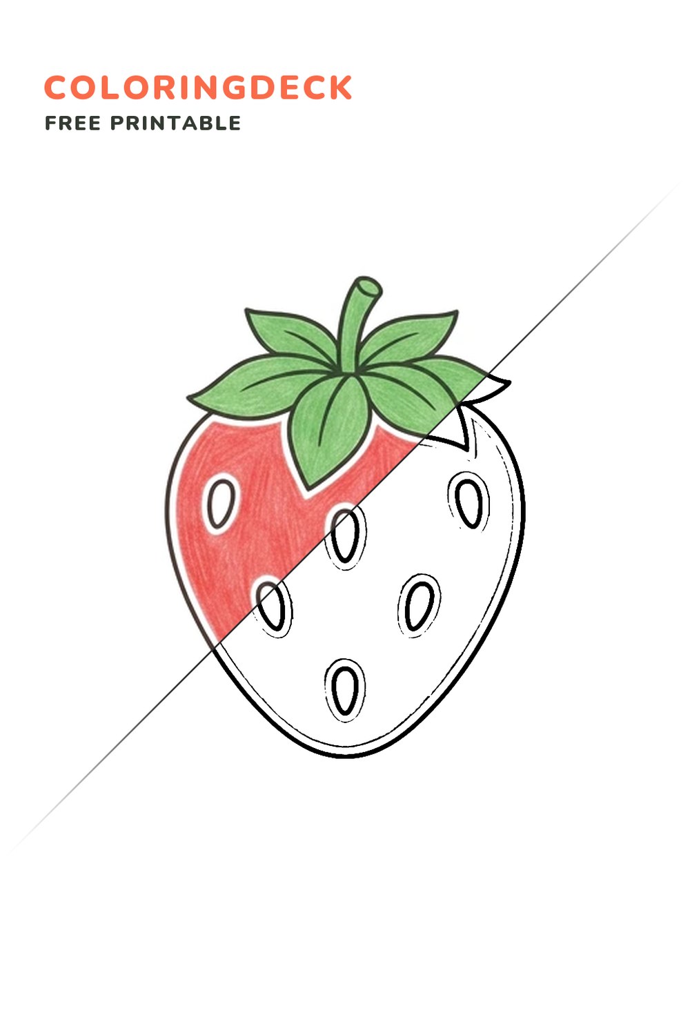 Juicy Strawberry coloring page, free printable: half colored, half outline