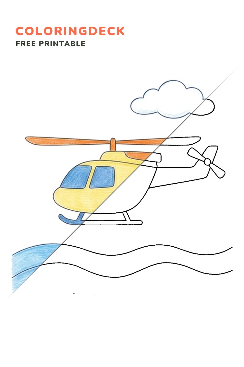 Helicopter Over Waves coloring page, free printable: half colored, half outline