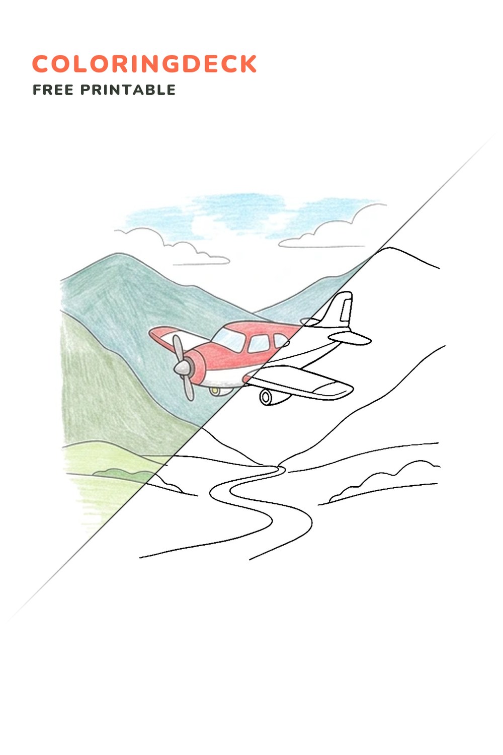 Mountain Rescue Plane coloring page, free printable: half colored, half outline