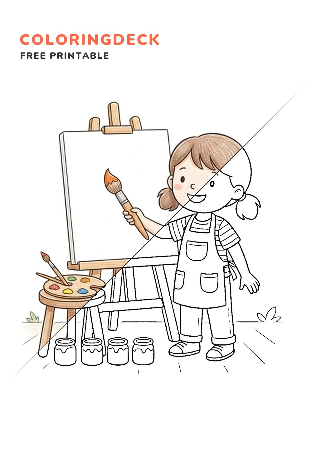 Artist At Easel coloring page, free printable: half colored, half outline