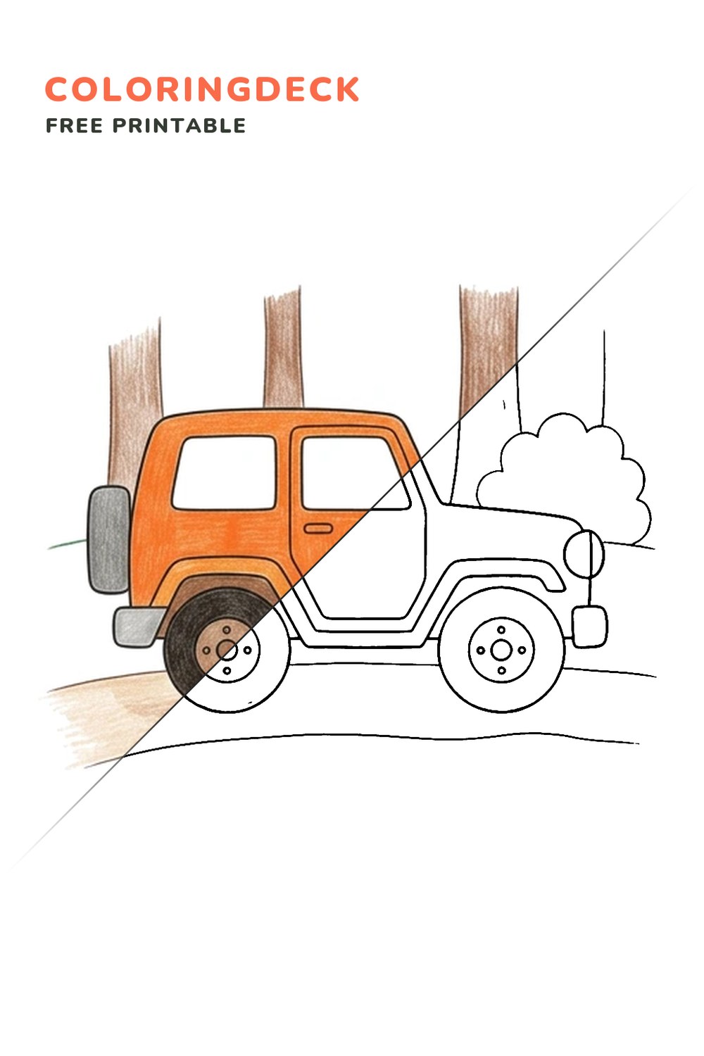 Jeep Forest Path coloring page, free printable: half colored, half outline