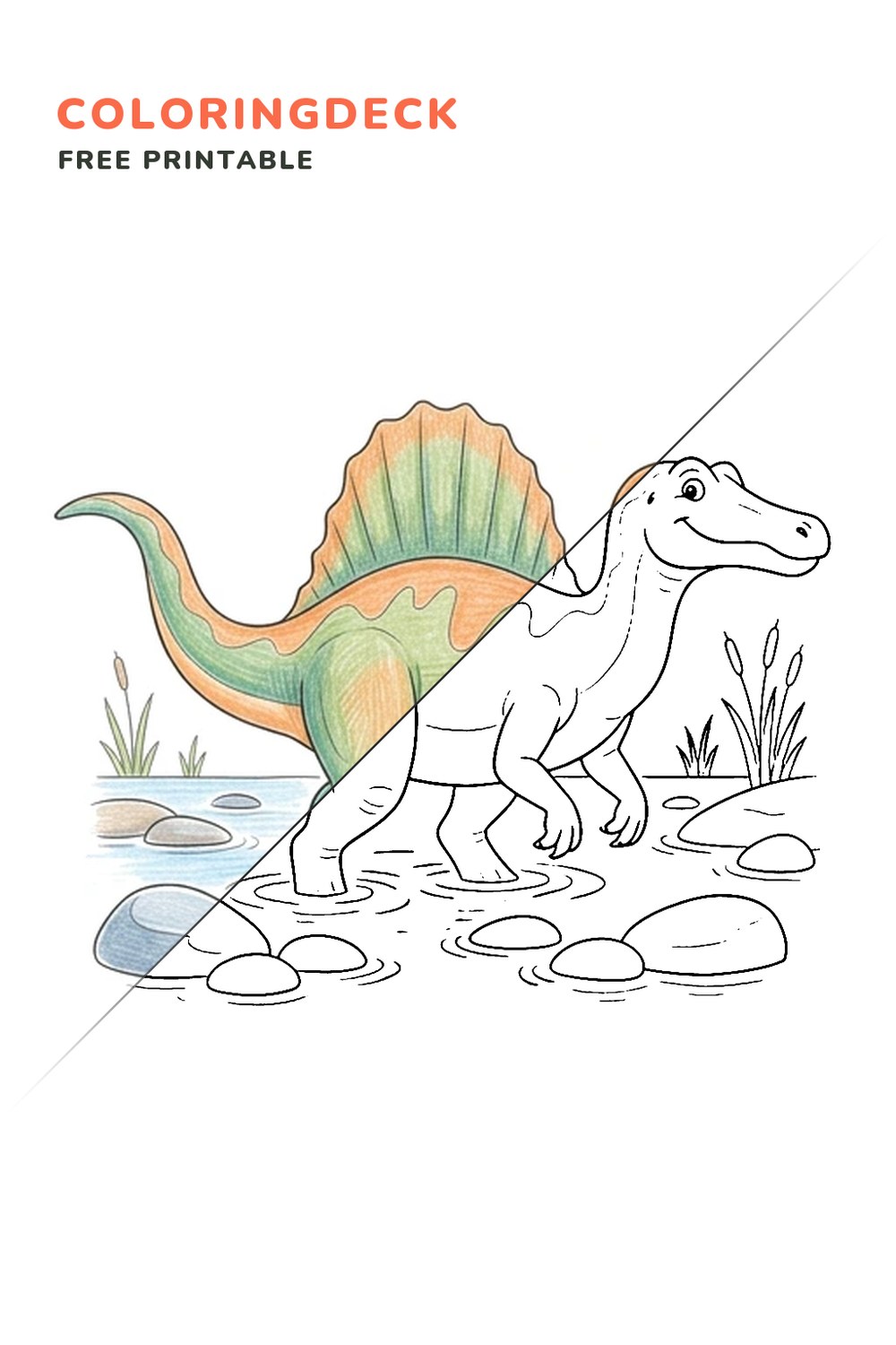 Spinosaurus River Wading coloring page, free printable: half colored, half outline