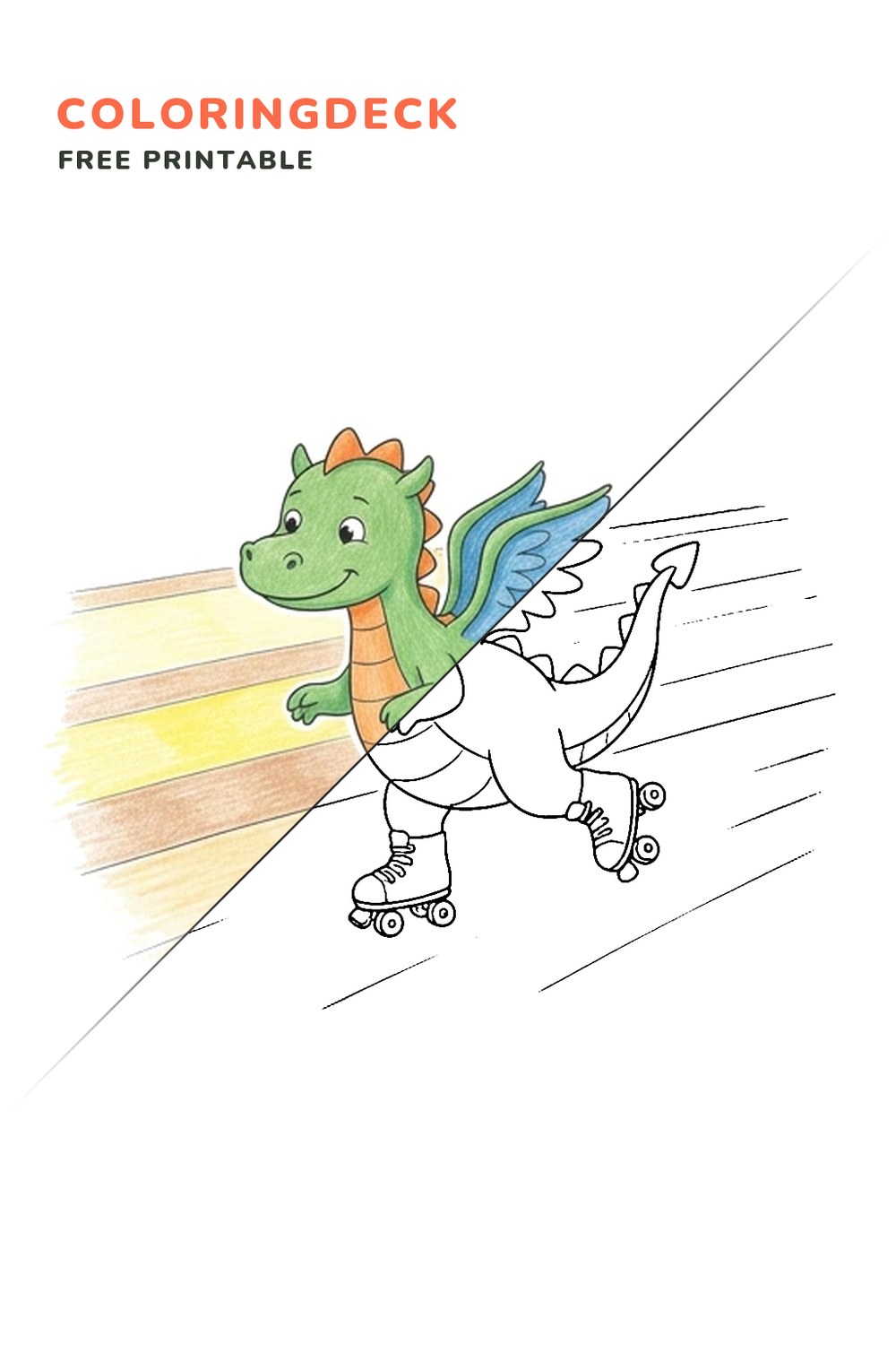 Dragon Skate Practice coloring page, free printable: half colored, half outline