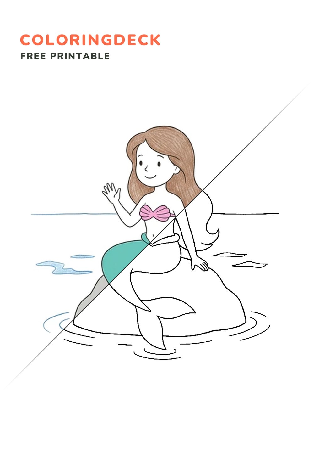 Mermaid On Rock coloring page, free printable: half colored, half outline