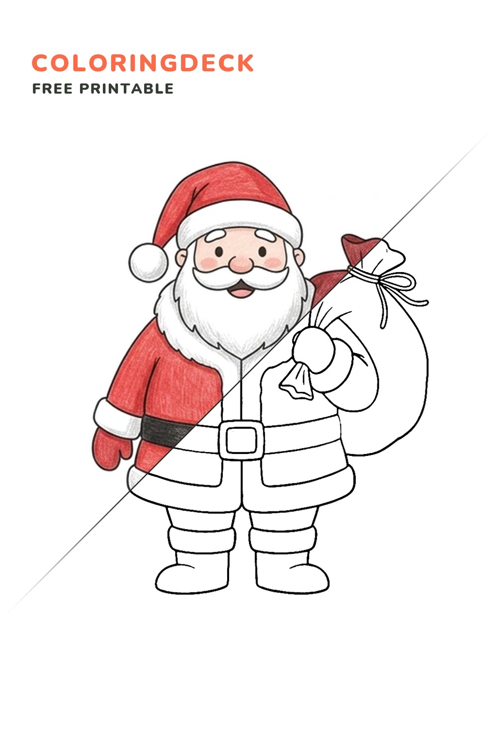 Santa Gift Sack coloring page, free printable: half colored, half outline