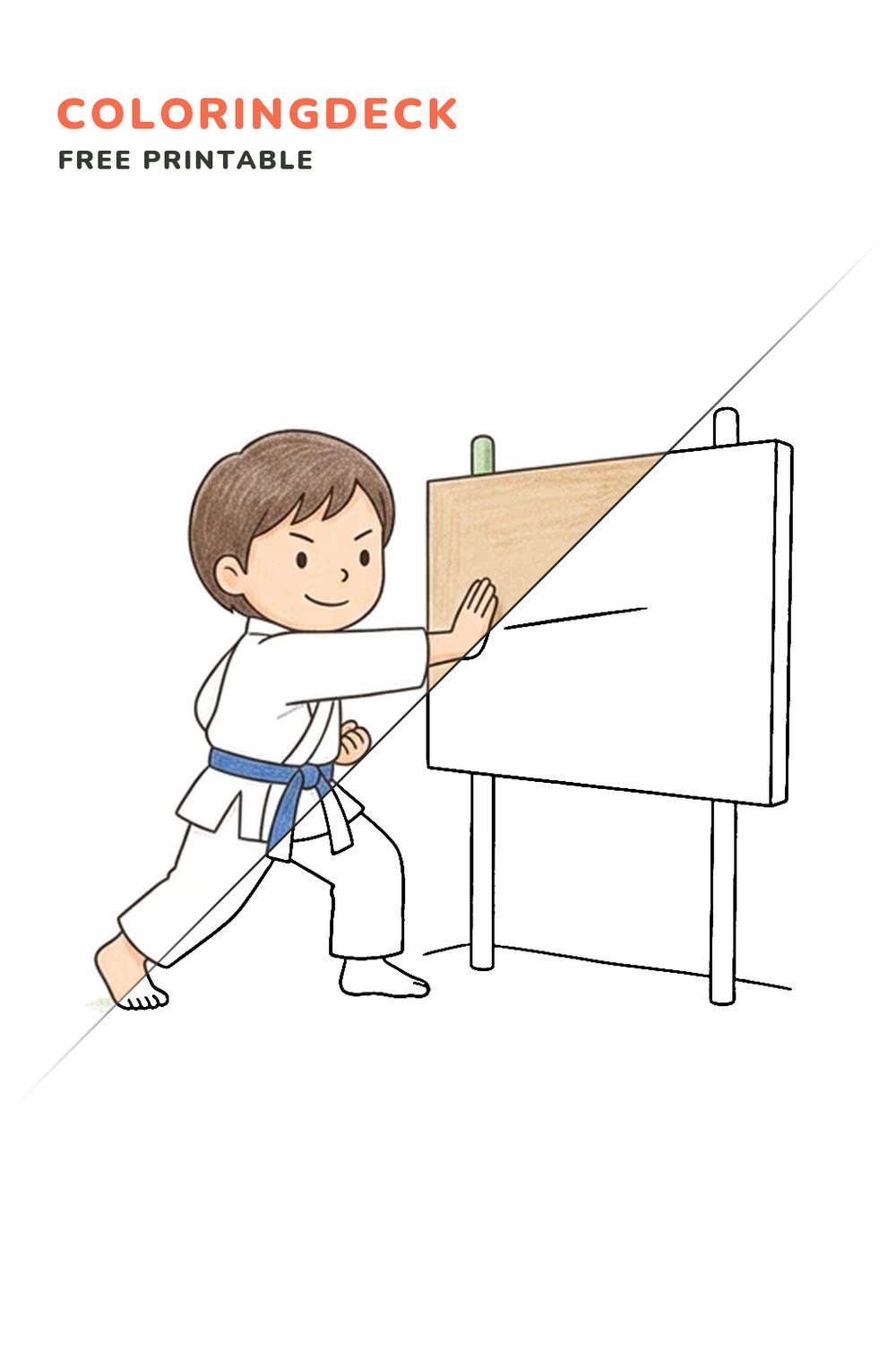 Karate Board Break coloring page, free printable: half colored, half outline