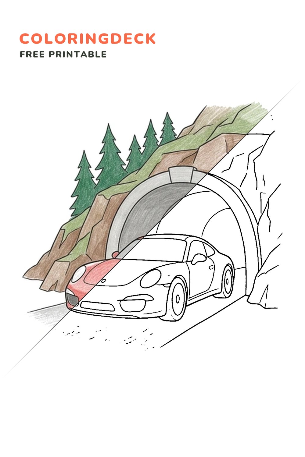 Porsche Tunnel Exit coloring page, free printable: half colored, half outline