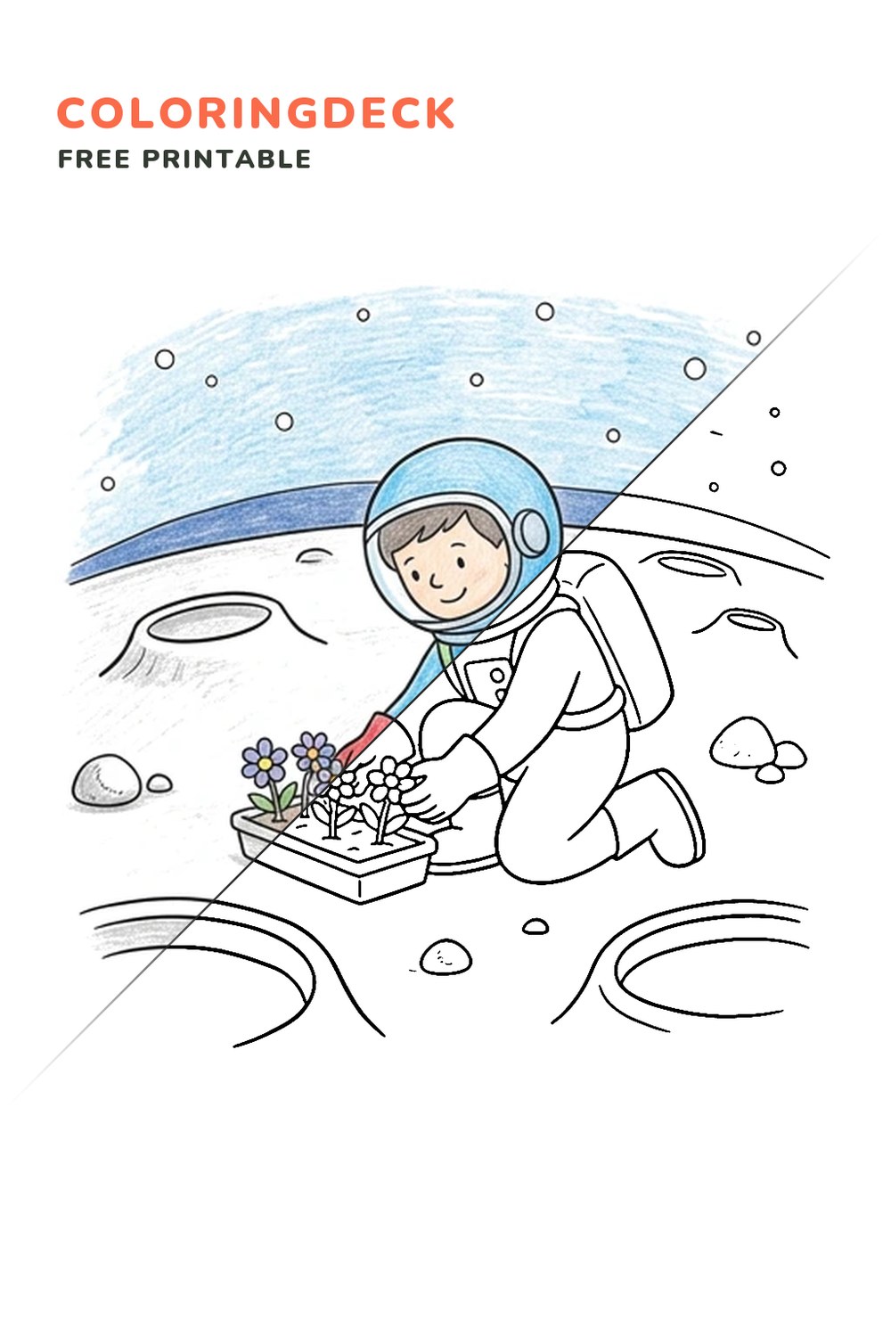 Moon Garden Astronaut coloring page, free printable: half colored, half outline