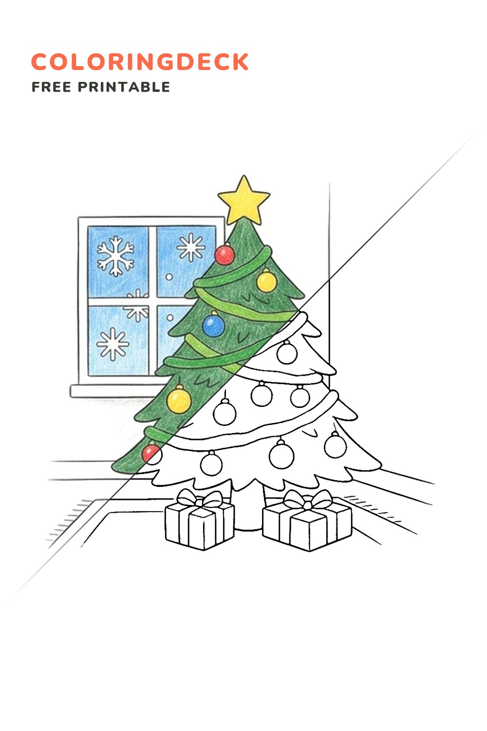Christmas Tree Glow coloring page, free printable: half colored, half outline