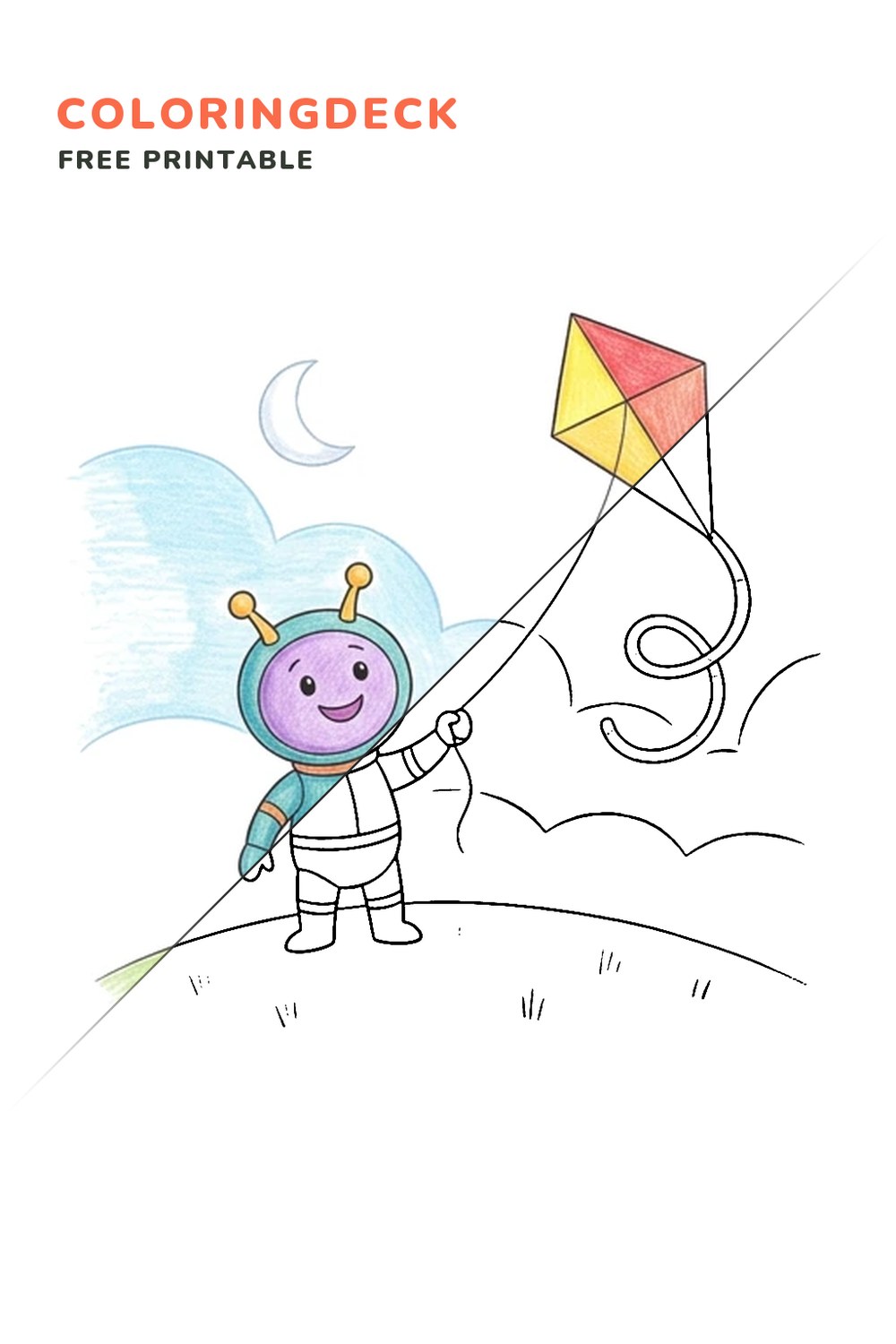 Alien Kite Flight coloring page, free printable: half colored, half outline