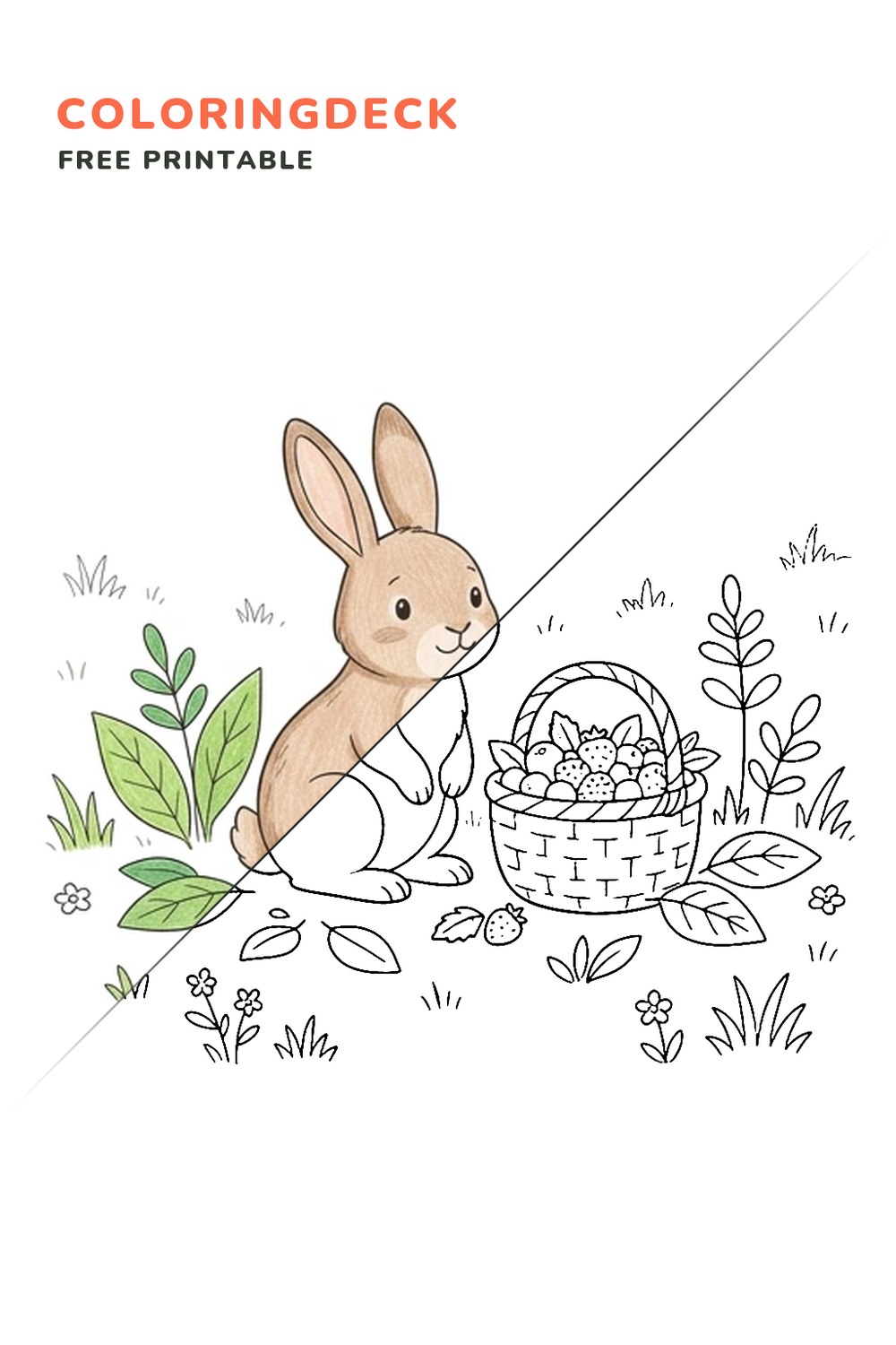 Rabbit Berry Basket coloring page, free printable: half colored, half outline