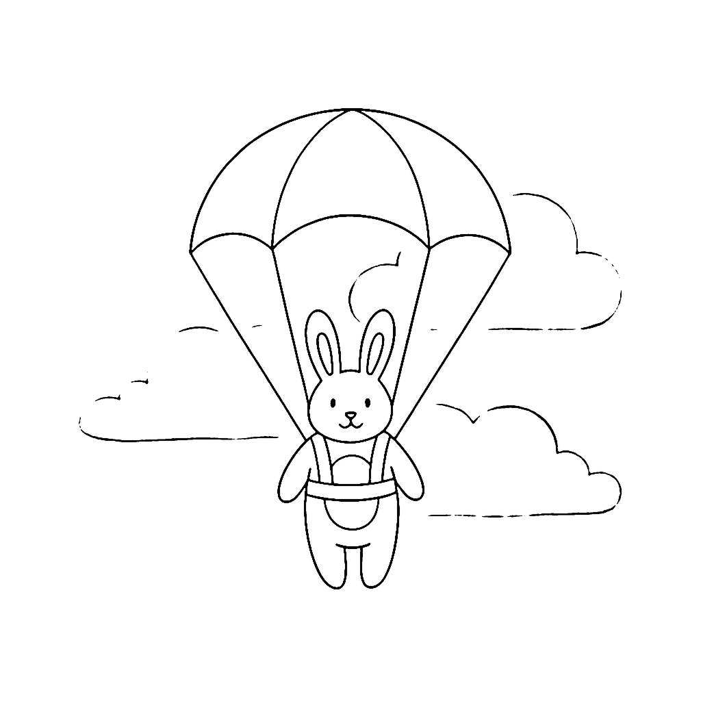 Bunny coloring page: Bunny Parachute Jump, outline to print