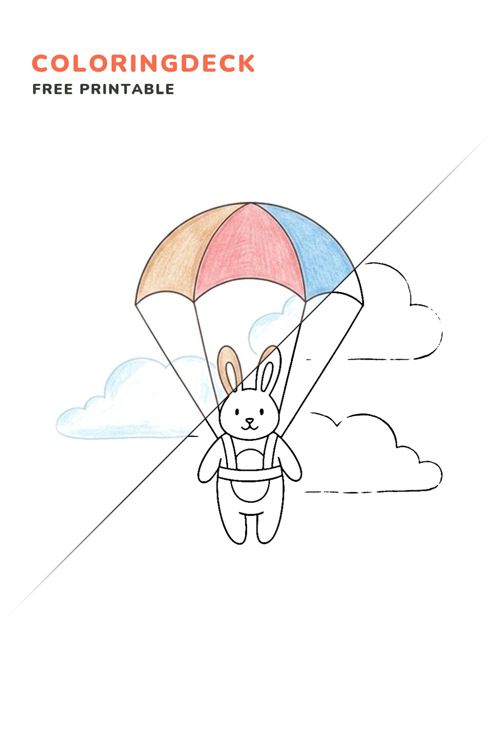 Bunny Parachute Jump coloring page, free printable: half colored, half outline