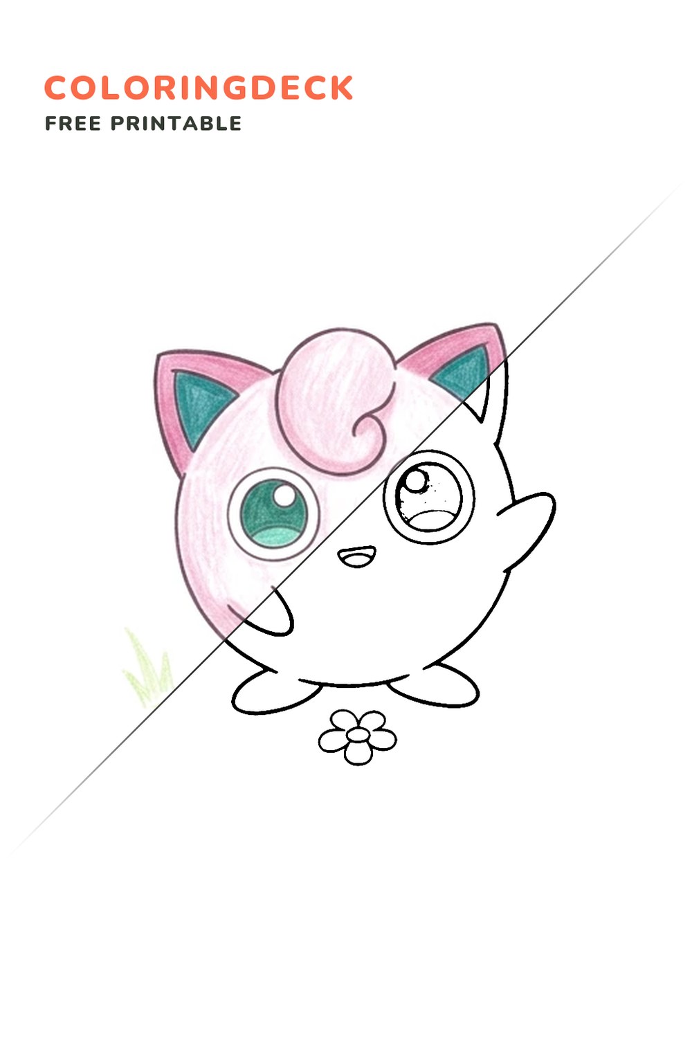 Jigglypuff Song Pose coloring page, free printable: half colored, half outline