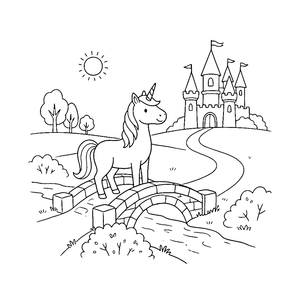 Unicorn coloring page: Unicorn Castle Bridge, outline to print