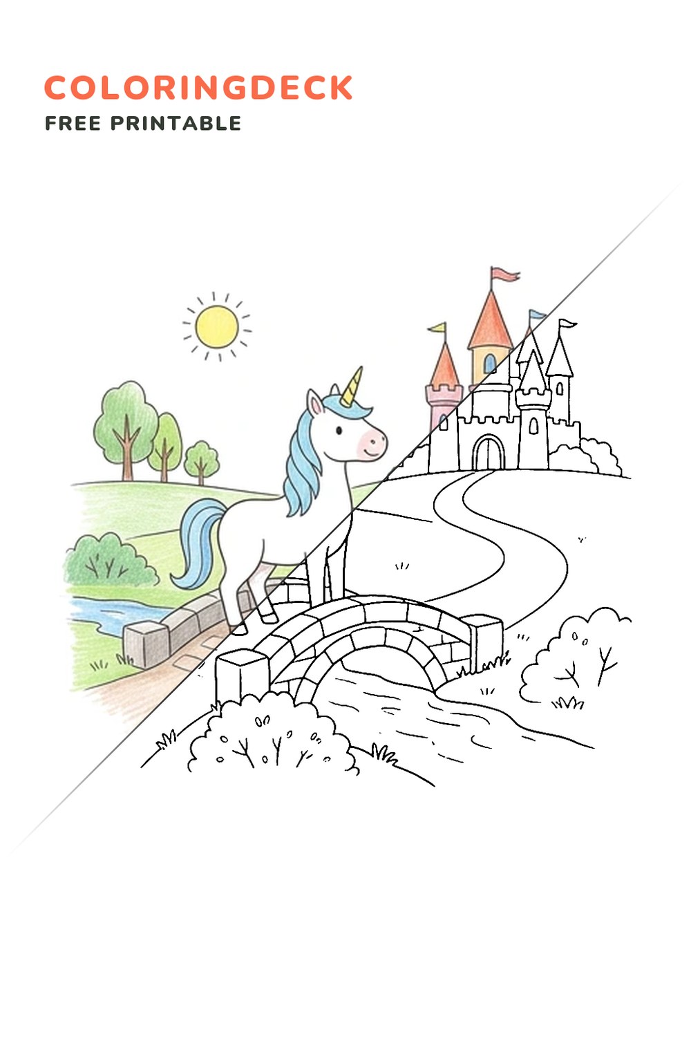 Unicorn Castle Bridge coloring page, free printable: half colored, half outline