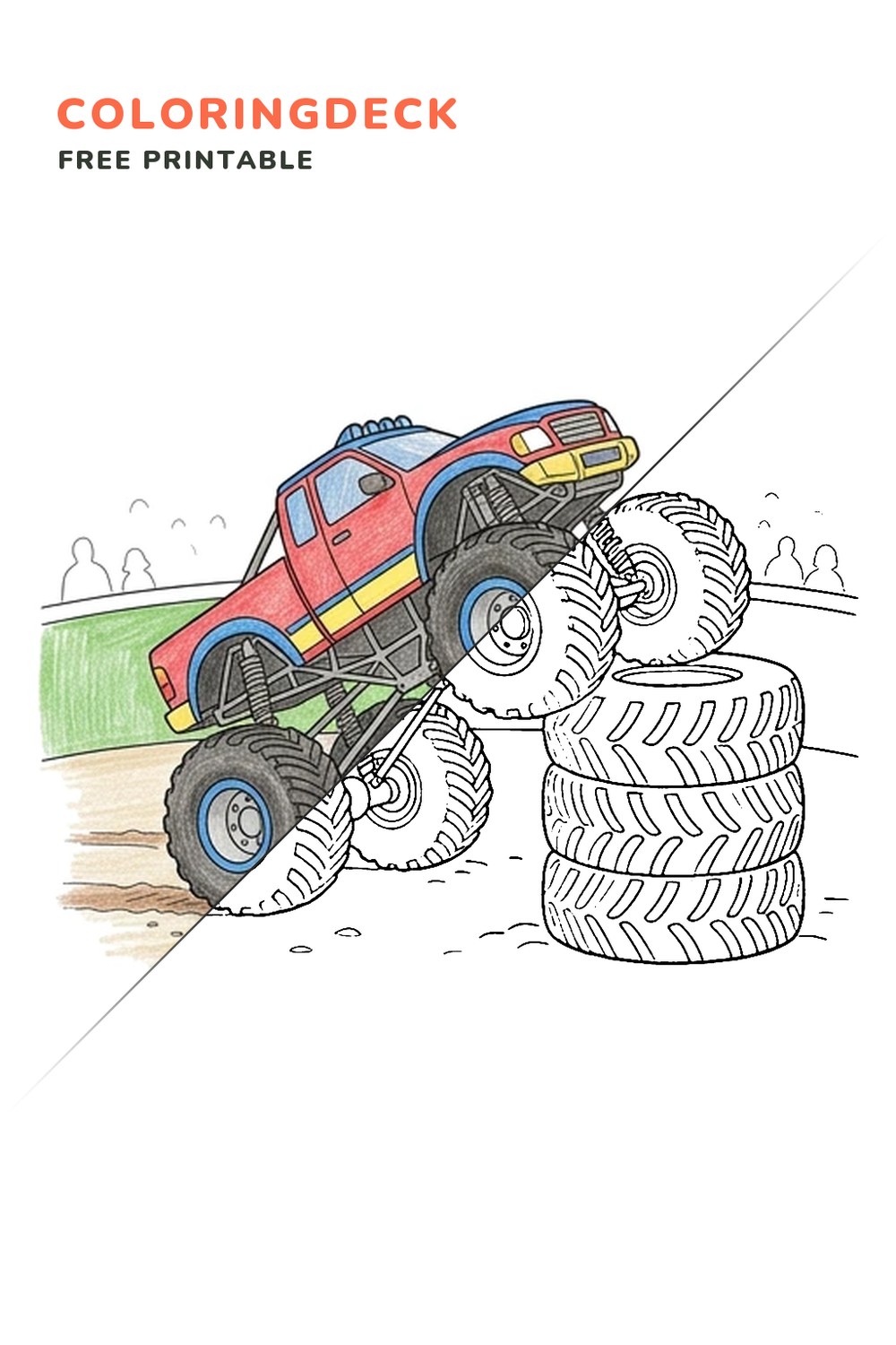 Monster Truck Tire Stack coloring page, free printable: half colored, half outline