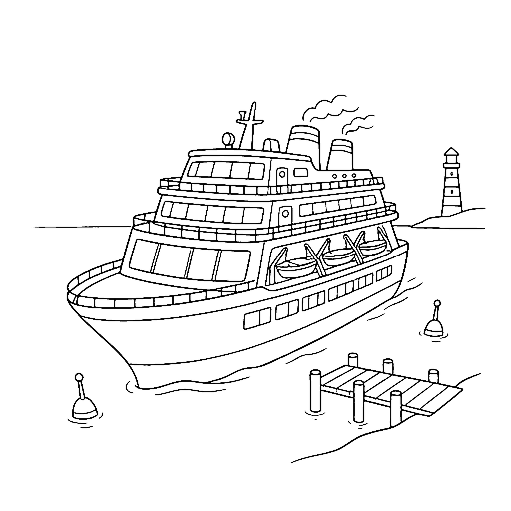 Cruise Ship coloring page: Cruise Ship Harbor, outline to print