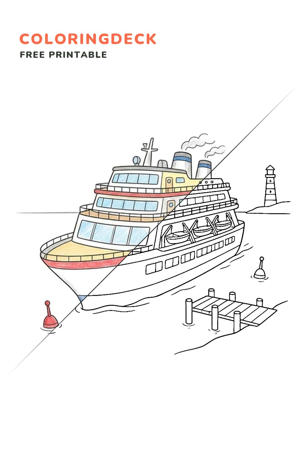Cruise Ship Harbor coloring page, free printable: half colored, half outline