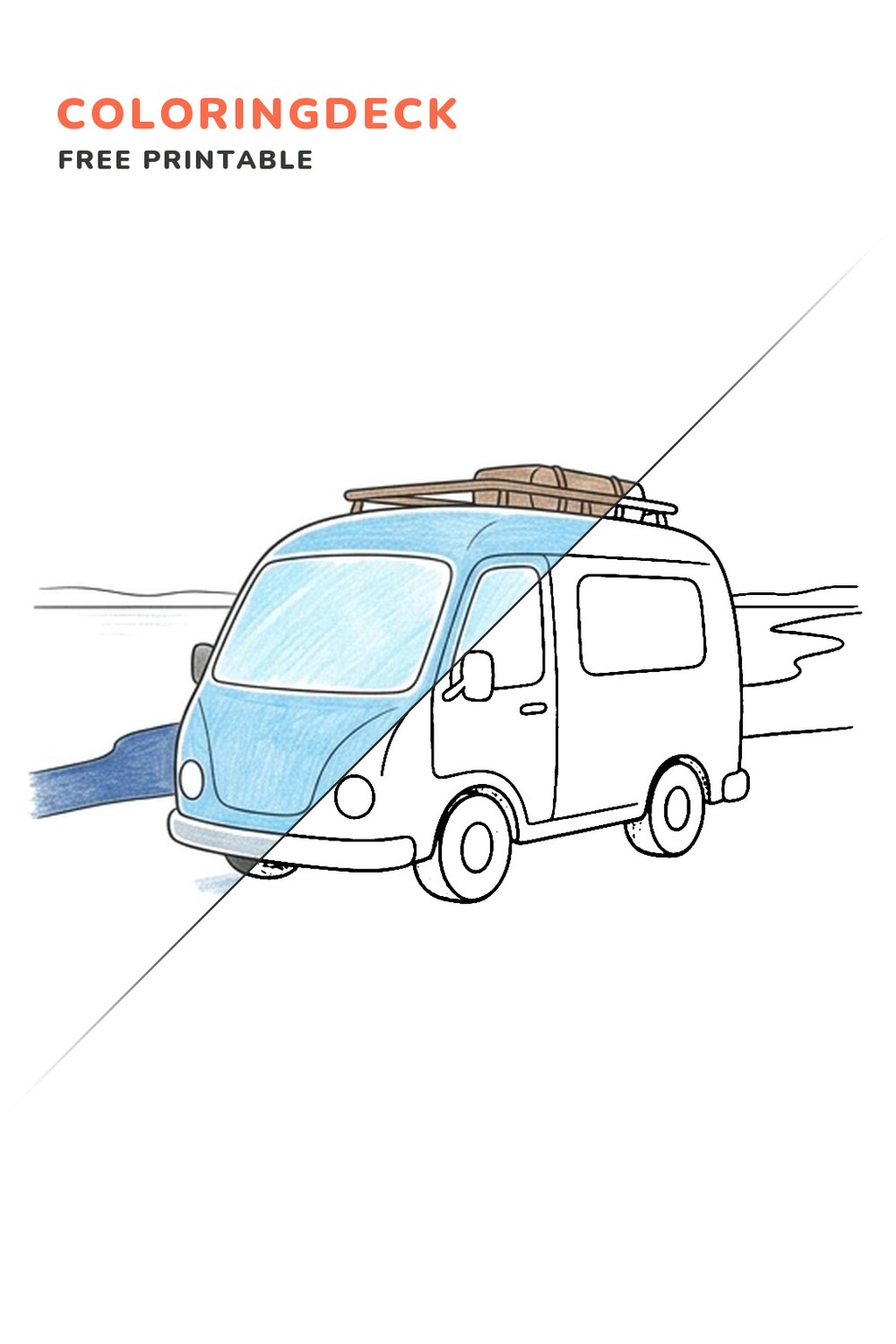 Van Lakeside Stop coloring page, free printable: half colored, half outline