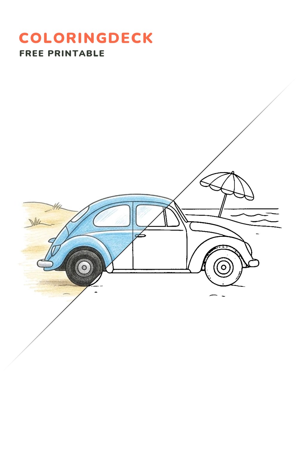 Beetle Beach Parking coloring page, free printable: half colored, half outline